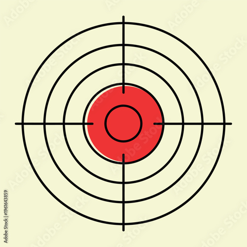 Red and black concentric circles target with crosshairs on pale yellow background bullseye red center