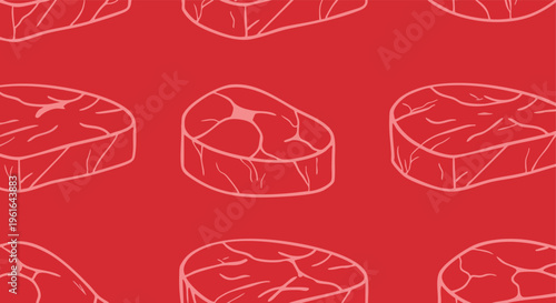 Stylized raw meat cuts pattern on a vibrant red background for culinary branding and food-related graphic designs