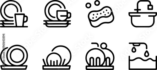 Tableware and Dish Washing Outline Icon – Plates, Cup, Bowl, Kitchen Crockery and Clean Dishware Line Vector Illustration