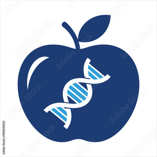 Apple illustration overlaid with a DNA double helix structure signifies genetic modification or nutritional science education topics.