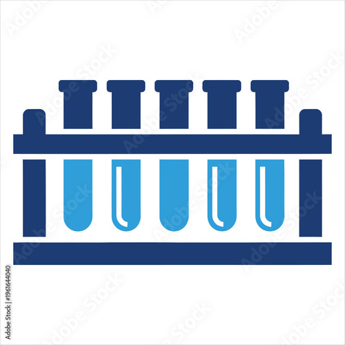 Rack holding five laboratory test tubes filled with blue liquid symbolizes chemical analysis and scientific experimentation procedures.