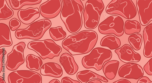 Various raw red meat cuts arranged in a seamless culinary pattern suitable for a food industry background or butcher shop branding