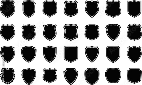 Diverse Collection of Black Shield Shapes with White Outlines on a Clean Background