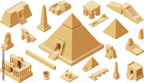 Isometric ancient Egypt architecture set, pyramids, temples, sphinx statues, obelisks, historical monuments collection, Egyptian civilization elements isolated on white
