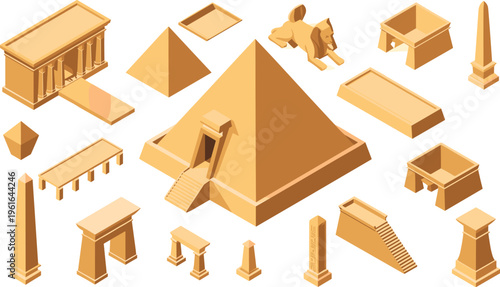 Isometric ancient Egypt architecture, pyramids, temples, obelisks, sphinx statues, Egyptian monuments collection, historical civilization elements isolated on white background