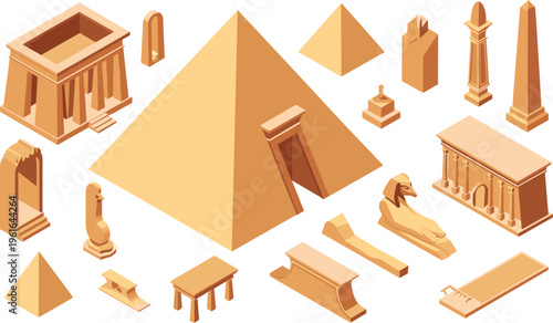 Isometric ancient Egypt set, pyramids, sphinx, temples, obelisks, Egyptian architecture elements, historical monuments collection isolated on white background