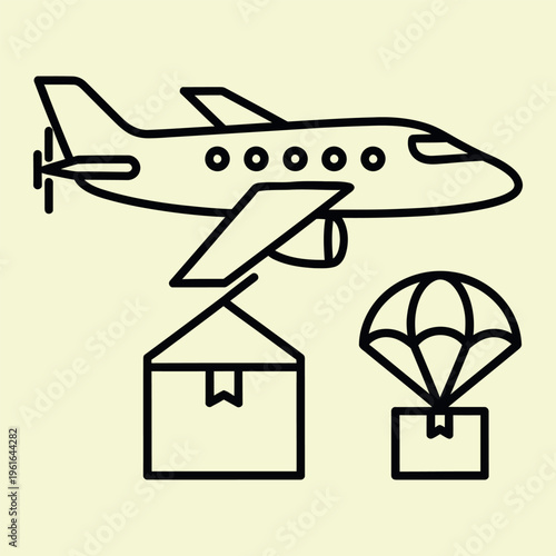 Wallpaper Mural Black line of airplane dropping two packages with parachutes line black lines yellow background Torontodigital.ca