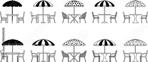 A collection of ten different outdoor patio cafe table and umbrella set illustrations in black line