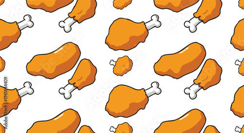 Cartoon fried chicken pieces and drumsticks on a clean white background forming a delightful seamless food pattern for various designs