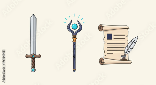 Fantasy Elements: Sword, Magic Staff, and Scroll with Quill