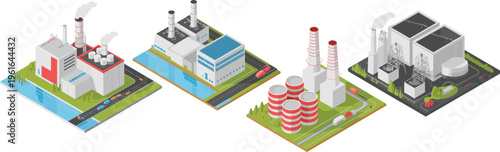 Isometric industrial power plants, factories and refineries, energy production infrastructure, electricity generation facilities, 3D urban industry set isolated on white