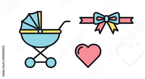 Baby Carriage, Heart, and Bow Icon Set - New Arrival Celebration
