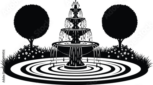 Tiered garden water fountain with cascading streams, circular pool, ornamental trees, flower beds, symmetrical landscaping, tranquil design, decorative outdoor architecture