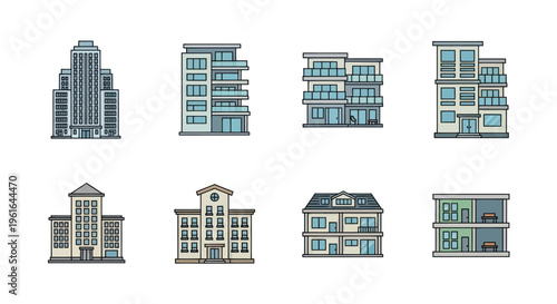 Modern Architecture Buildings Set: Cityscape Flat Design Icons Collection