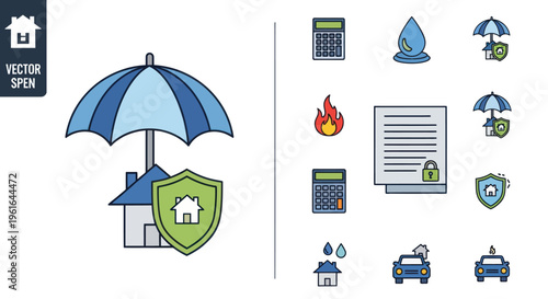 Home Insurance Icons: Umbrella, Shield, House, Calculator, Fire, Water, Car, Document