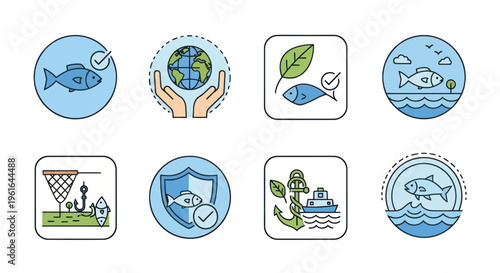 Sustainable Fishing Icons: Eco-friendly Seafood, Ocean Conservation, Marine Life Protection