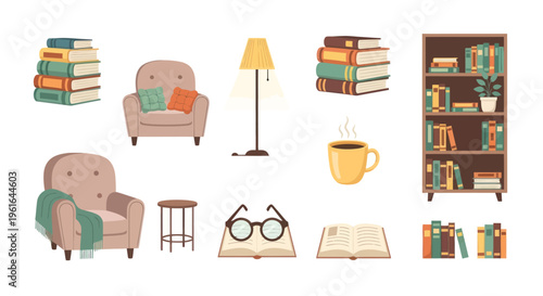 Cozy Reading Nook: Armchairs, Bookshelf, Lamp, Coffee, Glasses