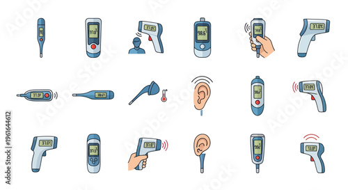 Digital Thermometers Collection: Forehead, Ear, Medical Device Icons