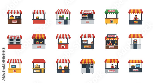 Collection of colorful market stalls and kiosks, street food vendors, small business storefronts