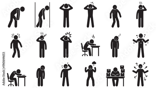 Mental health problems and psychological stress symptoms icon set. Sick, tired, and depressed stick figures bundle.