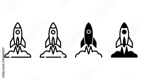 Four rocket ship icons in different styles launching with fiery trails