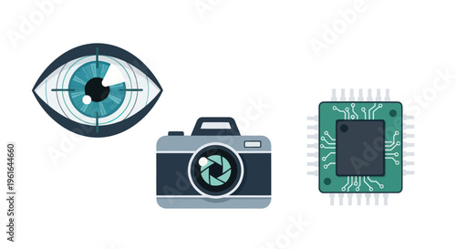 Eye, Camera, and Microchip Icons: Surveillance, Photography, and Technology Concept