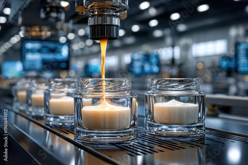 Automated production line dispensing liquid into glass jars for cosmetic products in a modern manufacturing facility
