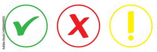 Status icon set with check mark, cross and exclamation symbols. Success, error and warning indicators. System notification and interface elements for confirmation, alerts and feedback states