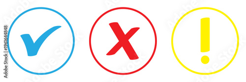 Status icon set with check mark, cross and exclamation symbols. Success, error and warning indicators. System notification and interface elements for confirmation, alerts and feedback states
