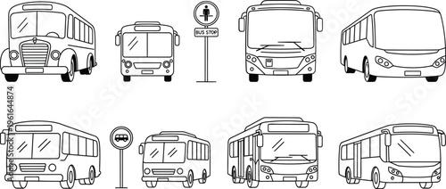A collection of various bus designs and public transportation stop signs in a simple line art style