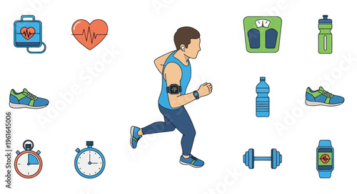 Man Running with Fitness Icons: Health, Sport, Exercise, Workout, Lifestyle