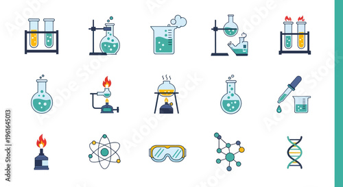 Science Laboratory Icons: Beakers, Test Tubes, Bunsen Burner, DNA, Molecules