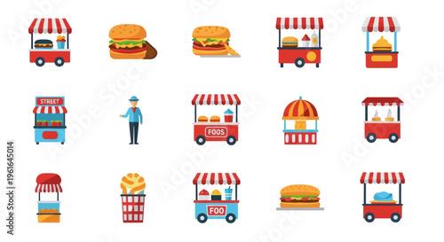 Street Food Icons: Burgers, Fries & Ice Cream Carts on White Background