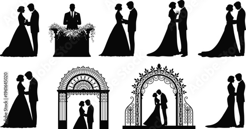 Wedding Ceremony Silhouette Collection with Bride Groom Floral Arch and Romantic Poses Black Vector Illustration Isolated on White Background for Marriage Design