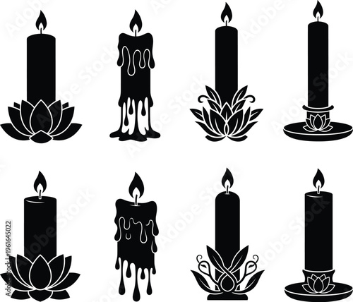 A collection of black silhouette icons depicting various styles of lit candles with floral bases