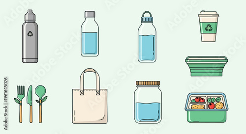 Eco-friendly reusable items: bottles, bag, lunchbox, cutlery, cup, jar