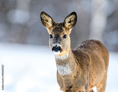A young deer gazes at the camera in a snowy, blurred forest background