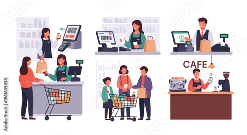 Various shopping and service interactions in retail environments illustrating modern purchasing processes