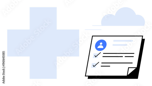 Document checklist with user profile, checkmarks, large medical cross, and cloud. Ideal for healthcare, medical data, records, insurance telehealth patient care and workflow. Simple flat metaphor