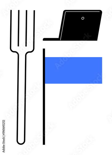 Remote work, daily habits, work-life balance, digital lifestyle, minimalism, modern efficiency. A fork next to a laptop with a blue abstract shape. Remote work and daily habits explored