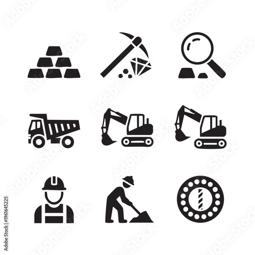 Mining operation with excavators, trucks, and workers extracting resources using a pickaxe and magnifying glass for detailed search.