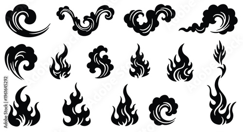 Stylized Japanese waves and dynamic flame vector illustrations isolated on a white background for graphic design elements