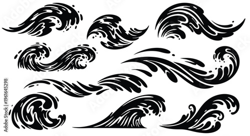 Stylized ocean waves and dynamic water splashes isolated vector graphics on a clean white backdrop design elements for aquatic themes and creative