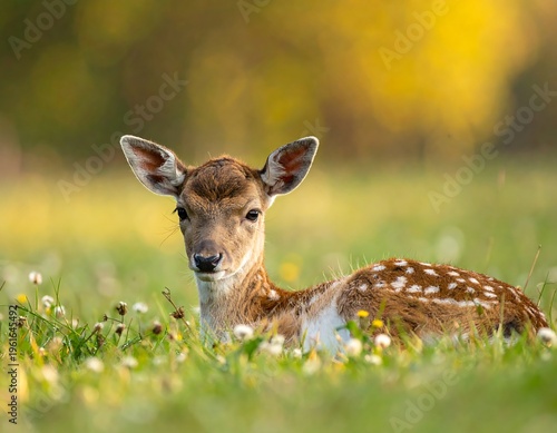 A young deer with white spots lies peacefully in a field of grass and small wildflowers