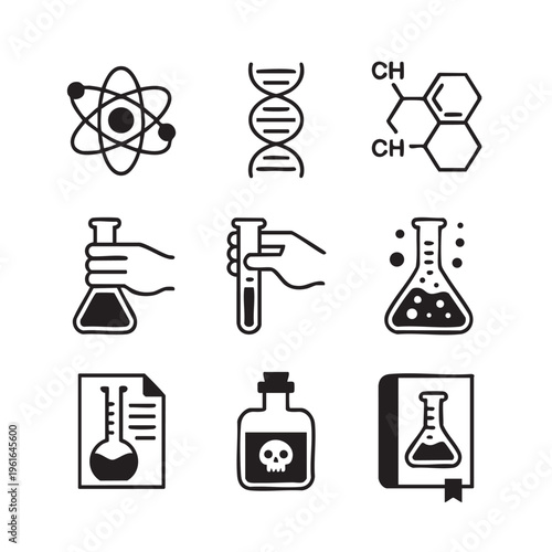 The chemistry lab equipment and symbols are displayed on a white background with various science illustrations including an atom DNA molecule and chemical structures.