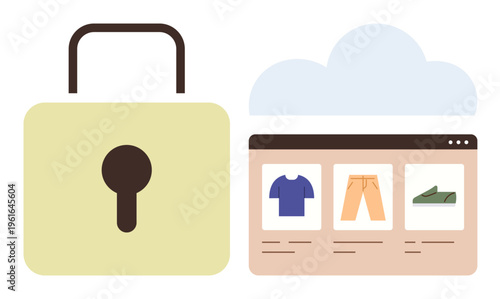 Cybersecurity, e-commerce, online payments, data protection, cloud storage, digital security. Padlock, browser window with clothing items and cloud icon. Cybersecurity and e-commerce protection