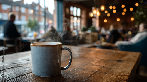 A steaming ceramic mug of hot coffee or tea sits on a rustic wooden table in a cozy, sunlit cafe with a blurred background of people and warm bokeh lights, creating a relaxing morning atmosphere