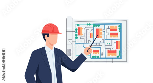 Man in hard hat presenting blueprint.
