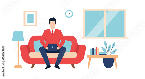 Man sitting on red sofa with laptop.