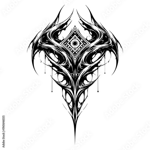 Symmetrical Biomechanical Sigil Tattoo with Central Eye Ornament